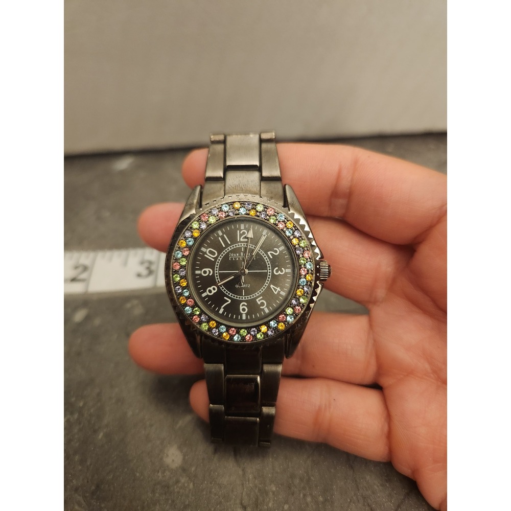 Joan Rivers Black Watch Stainless Steel Band Rhinestone Accent Elegant Timepiece